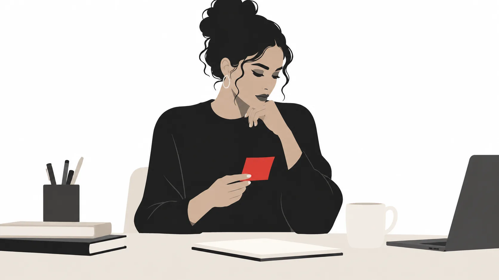 Illustration of a woman holding a blank red note beside a notebook and laptop