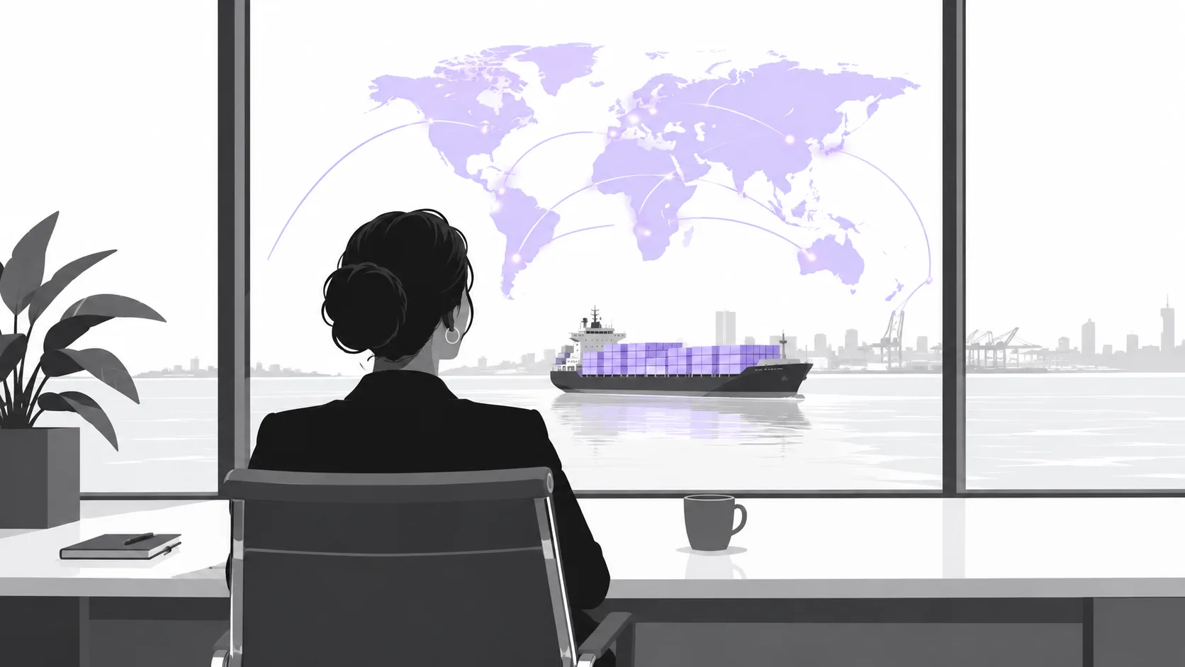 Office window view of global shipping for cross-border payment motivation