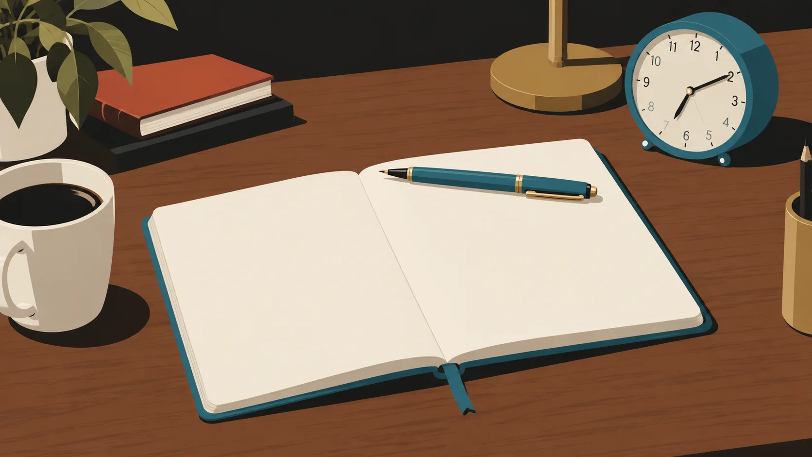 Beginner's writing desk with blank page and clock