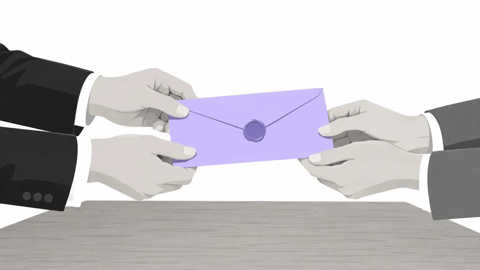 Two people passing an envelope representing originator data moving with a payment