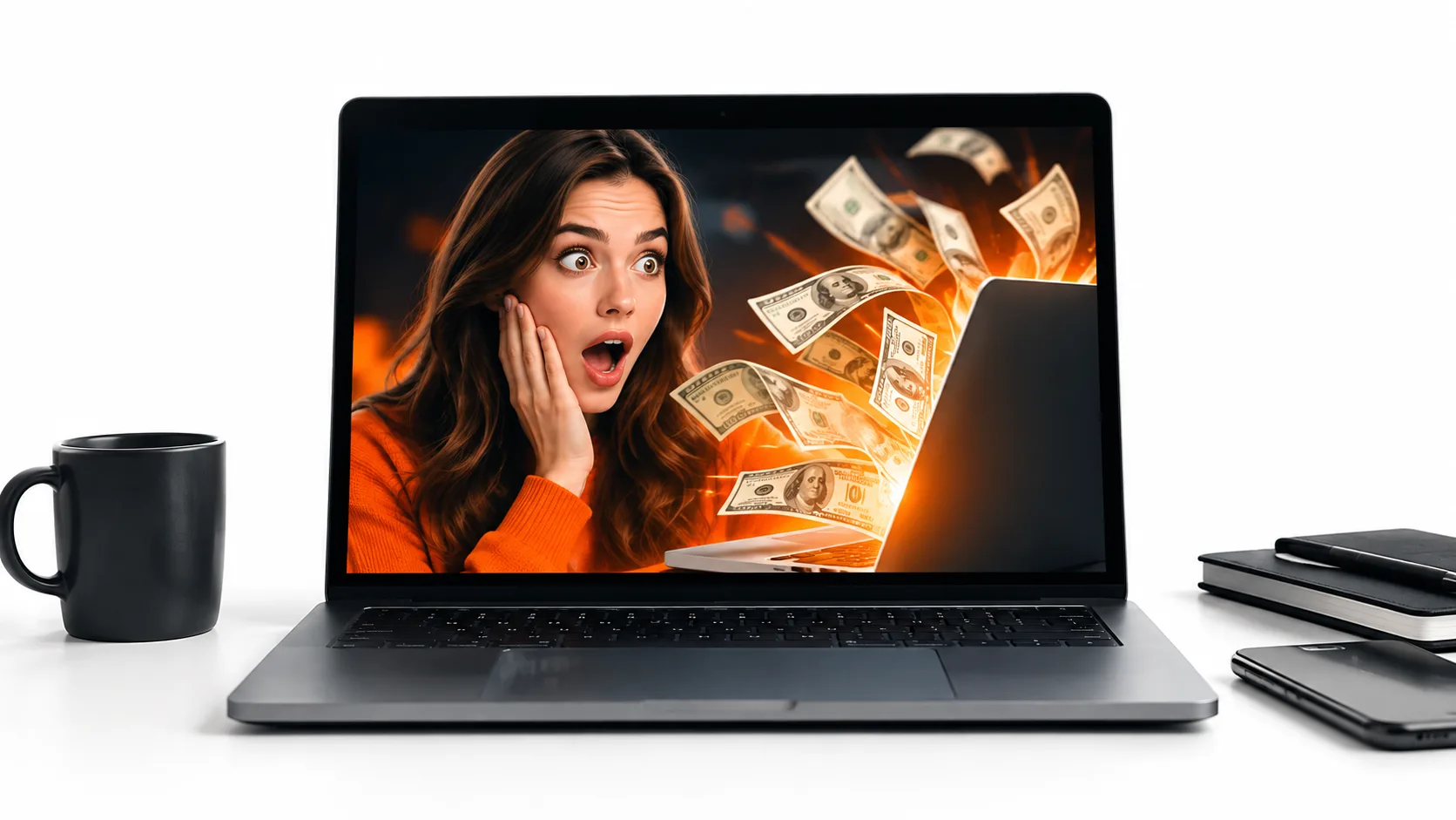 Laptop screen showing exaggerated YouTube thumbnail with high Walmart affiliate earnings claim