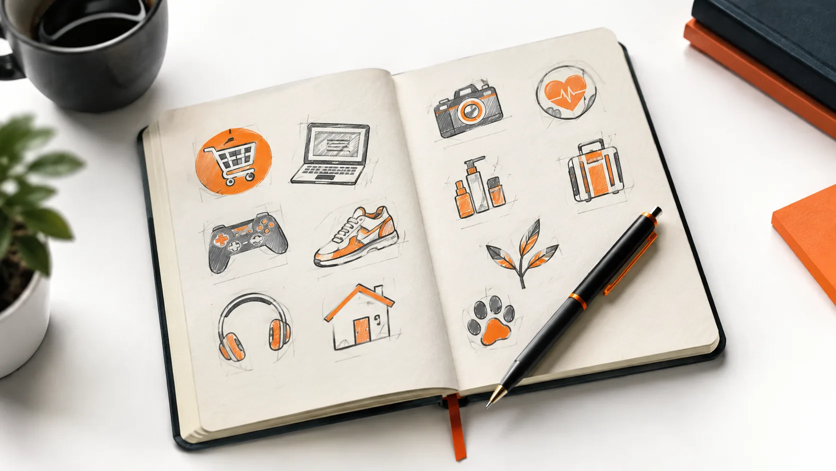Notebook with sketches of different affiliate program logos