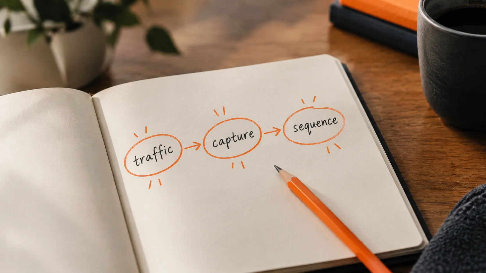 Handwritten funnel stages showing traffic to email capture to offer