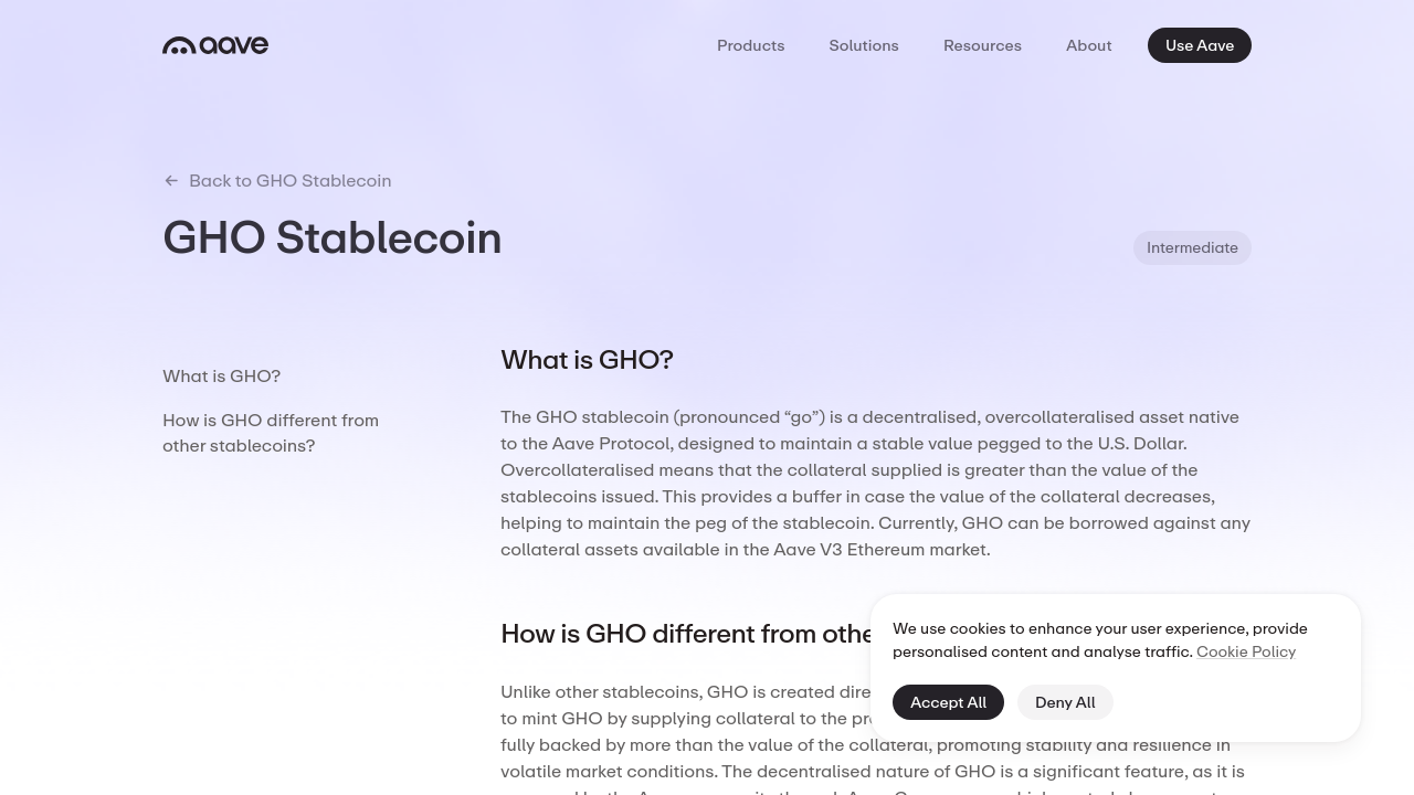 Screenshot of Aave's official GHO stablecoin documentation page explaining what GHO is and how it works.