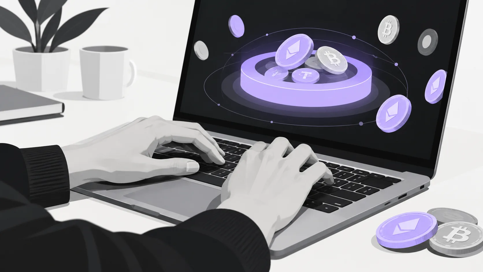 Illustration of a user minting GHO by interacting with the Aave protocol interface on their computer.