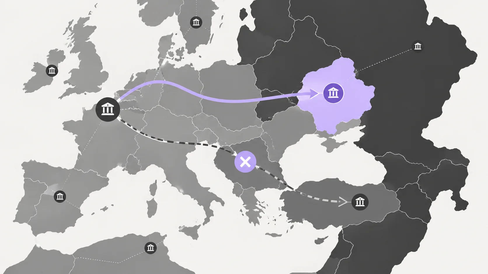 Illustration of off-ramp infrastructure challenges showing regulatory and banking bottlenecks across jurisdictions