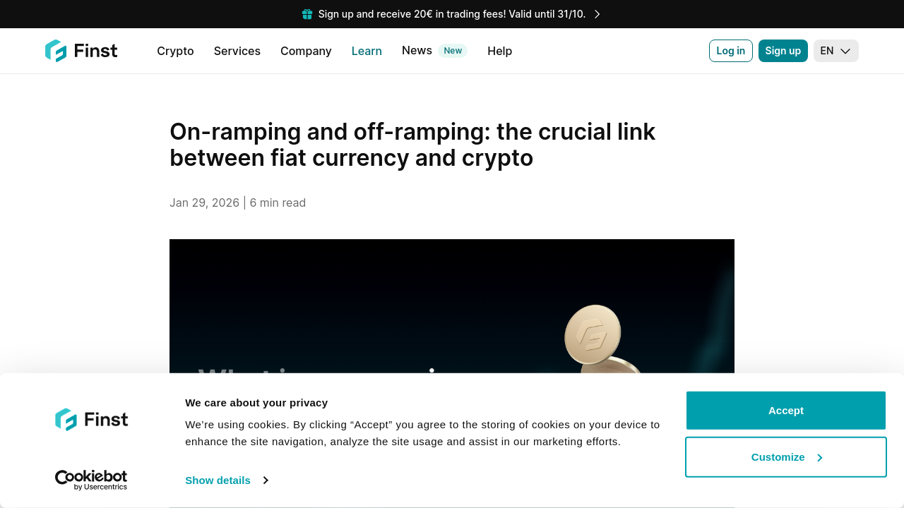 Crypto on-ramp platform interface with four-step process from fiat deposit through KYC verification to wallet credit