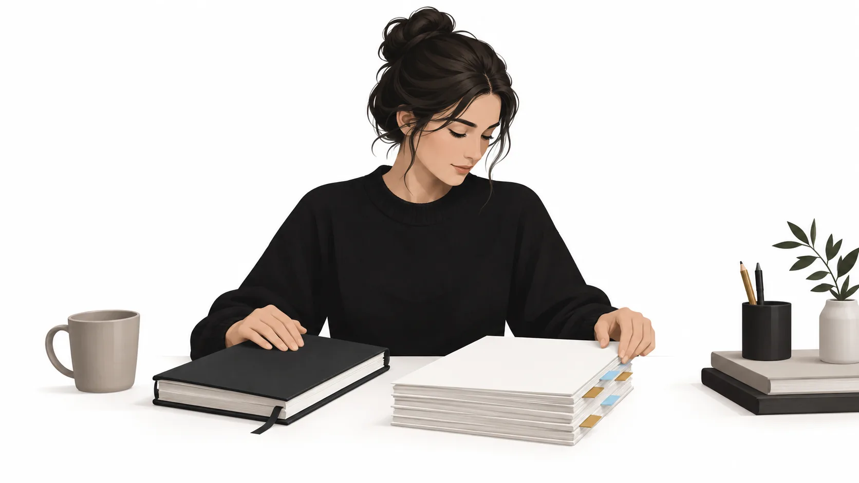 Novelist with a stack of planning pages before drafting, showing why planning saves drafts