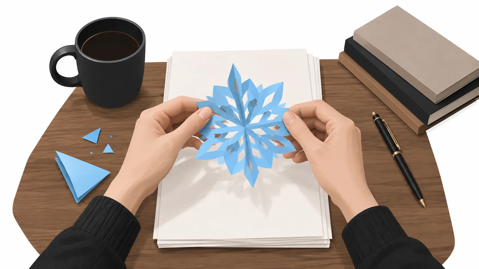 Paper snowflake unfolding over a manuscript, illustrating layered novel planning