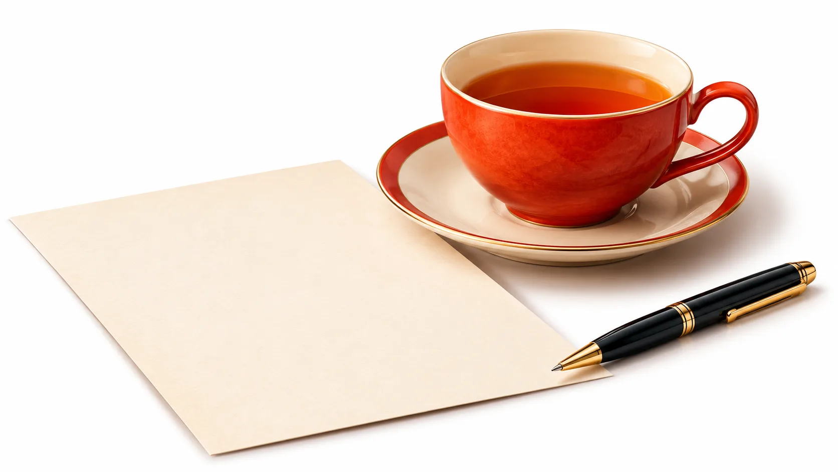 Papel en blanco, un bolígrafo y una taza roja de té