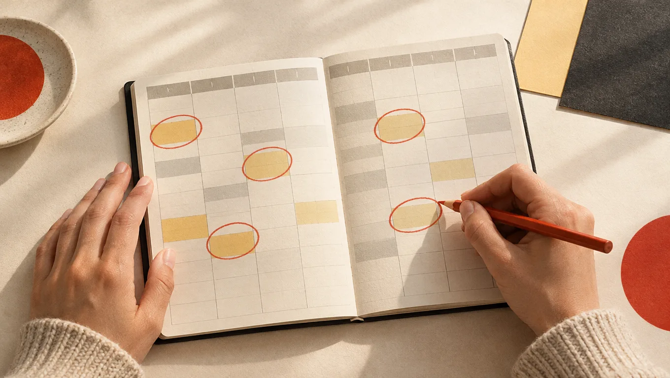 Unas manos rodean fechas en una agenda semanal abierta