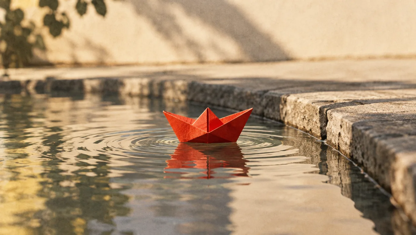 Un barco rojo de papel flota junto a un borde de piedra