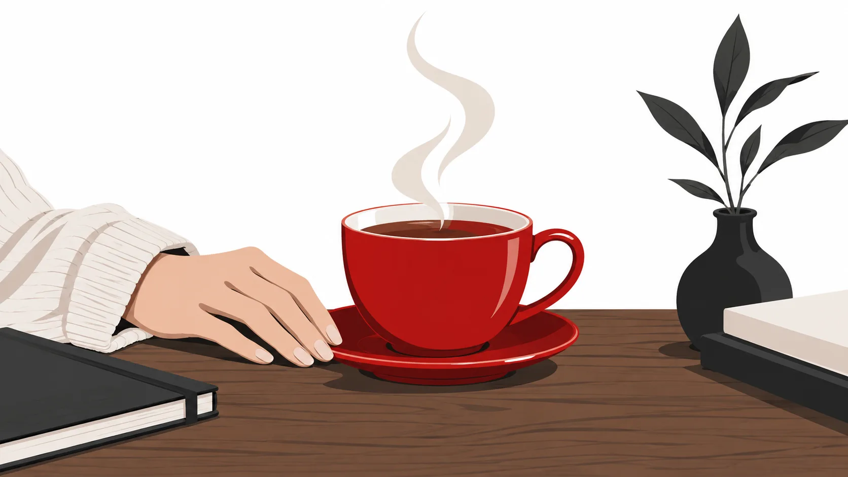 Steaming cup of tea on a wooden desk, suggesting daily pacing of effort