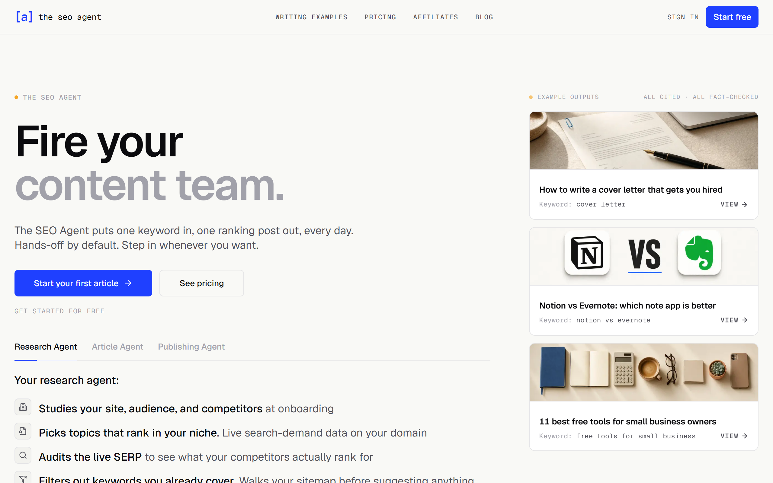 The SEO Agent homepage